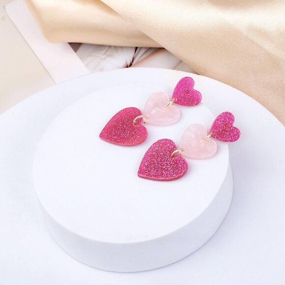 Heart Earrings Dangle Valentine's Day Earrings Pink Heart Earrings Red Heart Ear - Picture 8 of 8